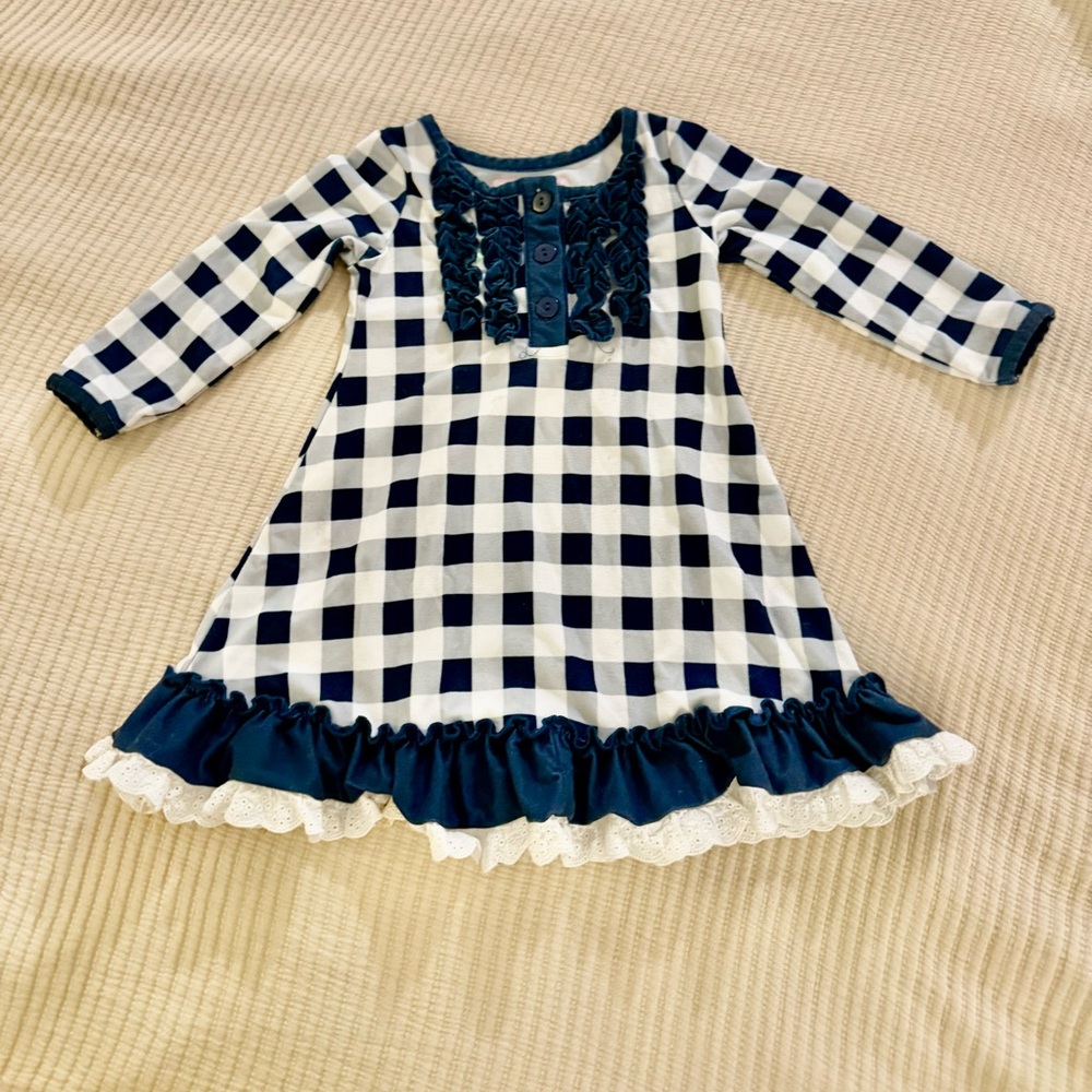 SweetHoney Blue and White Checkered Dress with Lace Trim